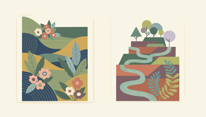 Fototapeta premium Pair of beautiful artistic landscape prints featuring stylized mountains, colorful flowers, trees, and winding rivers.