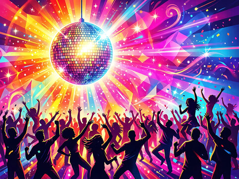 Dancing crowd silhouettes under a glowing disco ball with vibrant colorful light beams and patterns