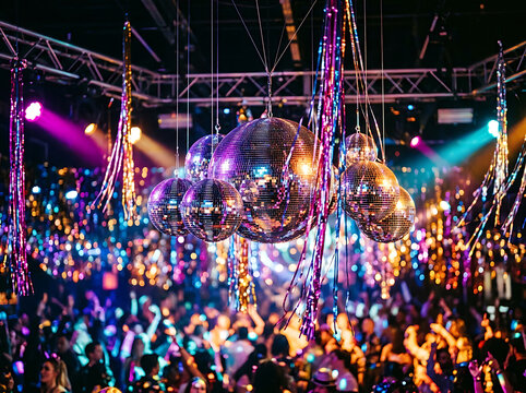 Reflecting Disco Balls Hanging Above a Crowded Nightclub Dance Floor with Vibrant Colorful Lighting