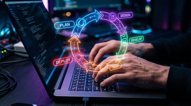 Agile development process. Continuous feedback methodology. Programmer delivering software quickly and flexibly on laptop computer.
