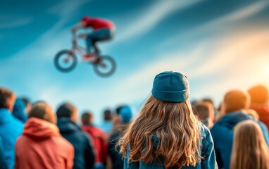 Obraz premium Teenagers Watching BMX Performance at Extreme Sports Competition Event