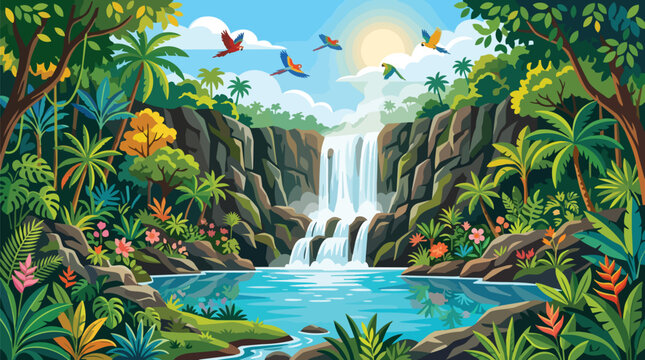 Vibrant Tropical Waterfall Landscape with Macaw Parrots Flying Over a Blue Lagoon and Exotic Jungle Foliage