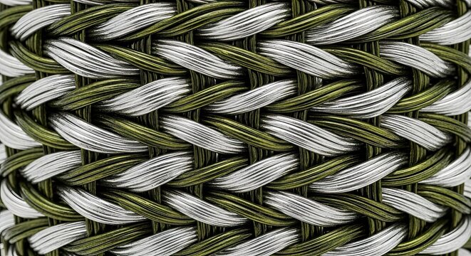 Woven Paracord Texture - Olive Green and Silver Braided Cord Close-up