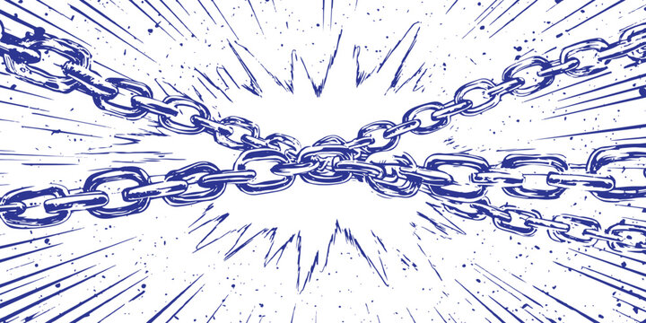 Hand drawn crossed metal chains with explosive radial burst action lines background vector illustration graphic design.