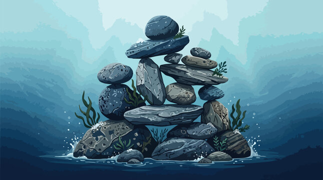 Serene Underwater Balanced Rock Pile with Seaweed and Water Bubbles in Deep Blue Ocean Environment Background