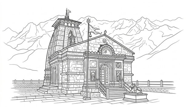 Kedarnath temple line art vector illustration for coloring page