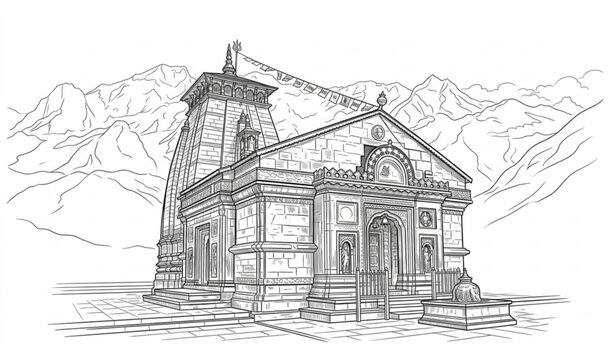 Hand Drawn Line Art Kedarnath Temple Vector Illustration Isolated on White Background