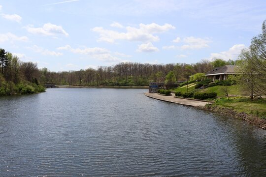 The peaceful countryside lake on a sunny day.