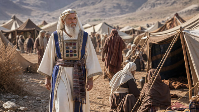 Elderly high priest in traditional blue and white robes with a jeweled breastplate, in a historical desert setting