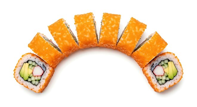 California sushi maki rolls with roe arranged in an arch