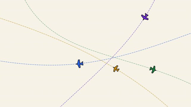 Colorful animated airplanes flying along intersecting dashed paths on a neutral background.