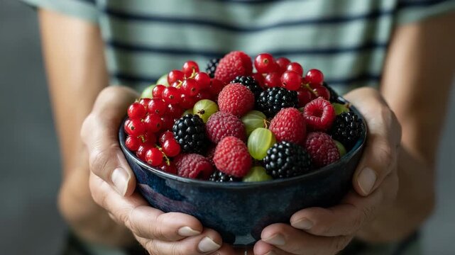 Person holding bowl of mixed berries in striped shirt
