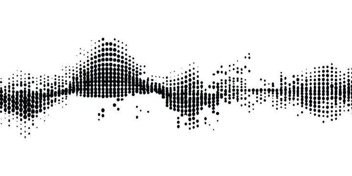 Dynamic abstract halftone wave background with black and white dotted particles and digital soundwave graphic vector illustration.