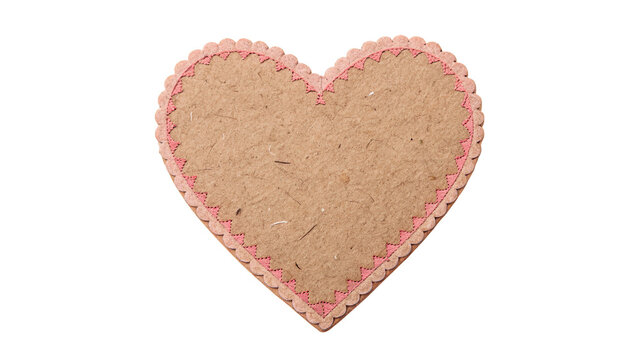 Beige cardboard heart cutout with pink stitched border isolated on transparent background 