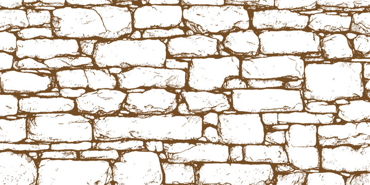 Vintage hand drawn stone wall texture background with rustic rock bricks and classic masonry pattern vector illustration.