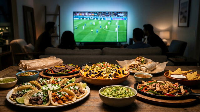 Friends enjoying a football match with a variety of delicious Mexican food and drinks