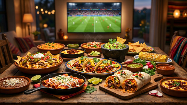 Festive Gathering with Authentic Mexican Flavors and Exciting Sports Action on Screen