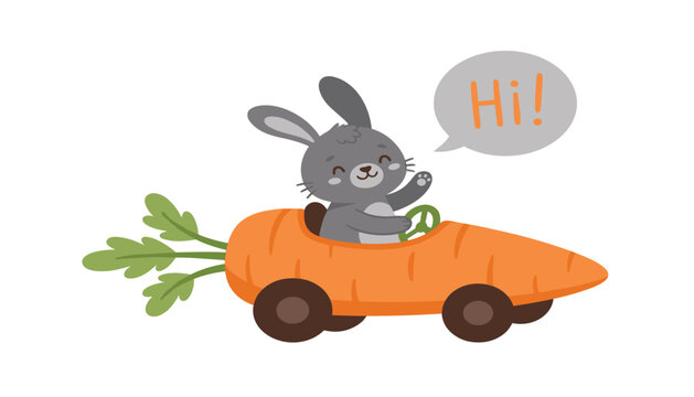 PrintCute cartoon grey bunny rabbit driving a funny orange carrot car and waving hello with a hi speech bubble vector illustration