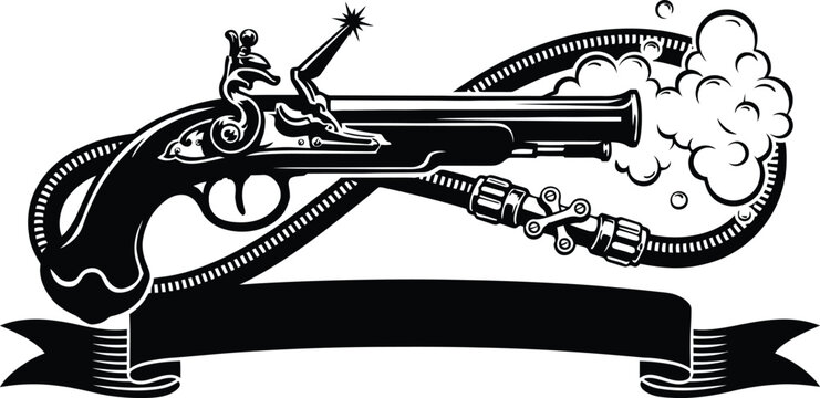 Vintage pistol firing with smoke and banner  old western revolver weapon with ribbons  gun firing with smoke coming out of barrel and ribbons flowing in the background