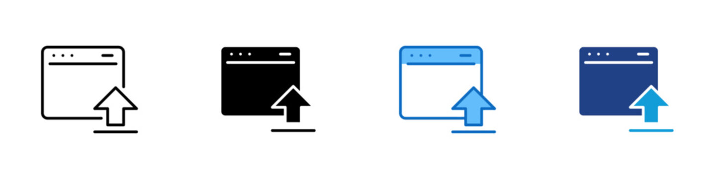 Browser File Upload Multiple Style Icon Design Vector - Browser window with upward arrow representing web file upload, online content publishing, and browser based data submission