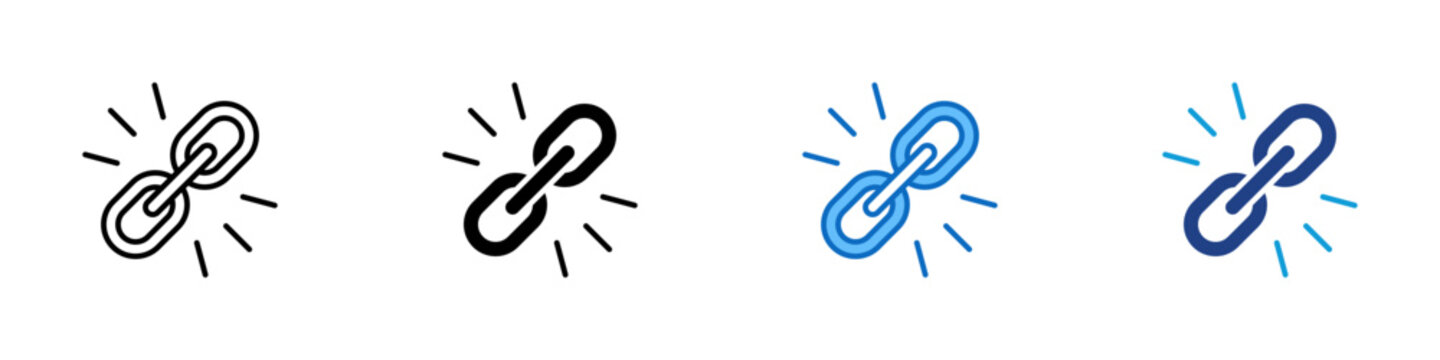 Hyperlink Connection Multiple Style Icon Design Vector - Interlocking chain links with radiating lines representing active hyperlink sharing, URL backlink building, and digital content connection