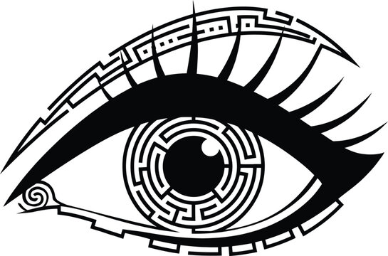 A black and white eye with a maze in the iris and greek designs on the eyelid and eyebrow in a tattoo style