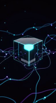 A sleek obsidian cube glows with cyan light, floating in a dark digital void filled with interconnected nodes and glowing data streams, binary, virtual, safety