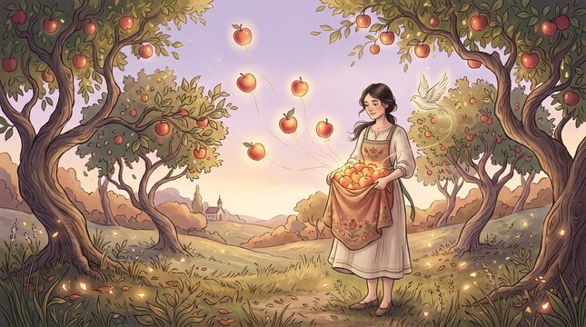 Young woman gathering apples in orchard during sunset for Apple Spas