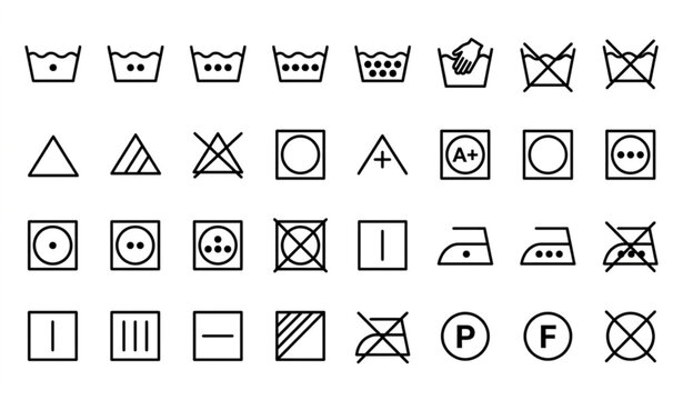 International laundry care icons vector set black and white fabric wash symbols template