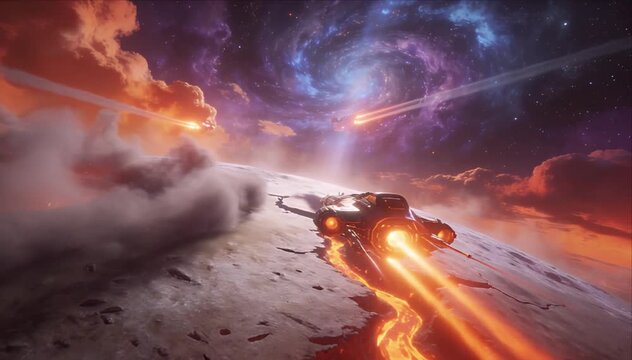 Futuristic space galaxy sky planet scene with starship and fire rocket trail over cloud horizon and lava crack surface, dynamic science fiction battle spaceship journey under glowing nebula atmosphere