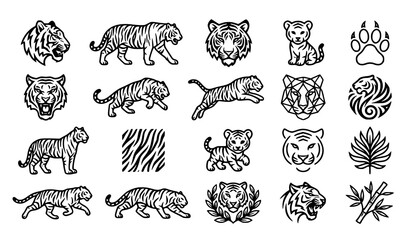Wild Tiger Outline Icon Collection Featuring Animal Faces Paw Prints Jungle Leaves and Action Poses © Crafts Home