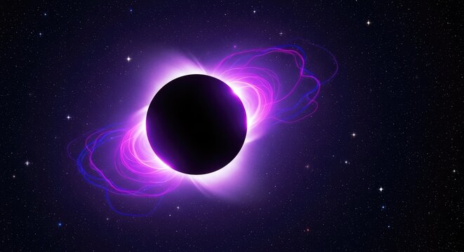 A stunning total solar eclipse featuring a vibrant purple plasma glow radiating from the dark disk against a deep starry cosmic background, sphere, galaxy, majestic