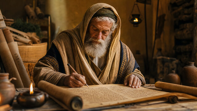 Biblical prophet writing sacred scripture on a parchment scroll in an ancient room