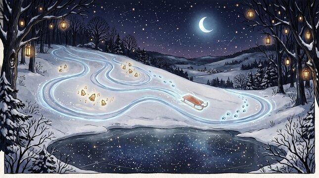 Winter landscape with illuminated ice skating path under moonlight for Christmas