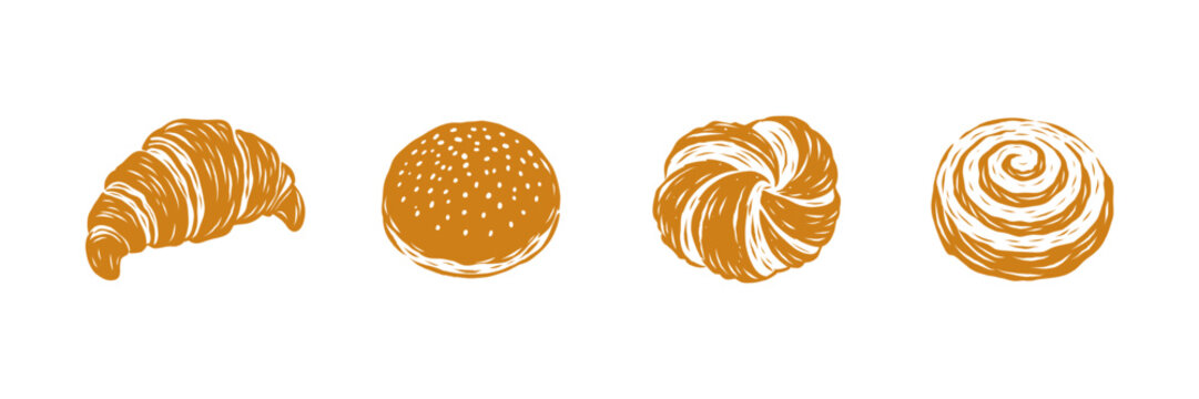 Croissant burger bun cinnamon roll sweet swirl pastry bakery collection. Sesame seed puff twist brioche dough baked product. Fresh breakfast dessert