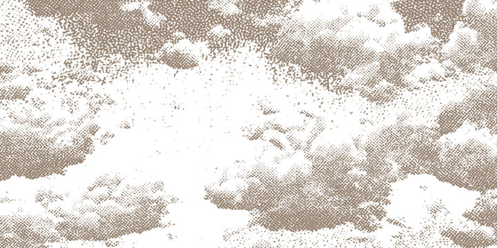 Vintage sepia halftone cloud pattern background with retro dotted sky texture for creative design vector illustration.