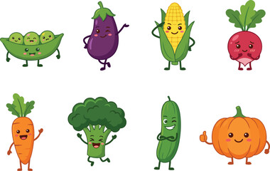 Fototapeta premium Cute Cartoon Vegetable Characters Collection with Smiling Kawaii Food Mascots Vector Set