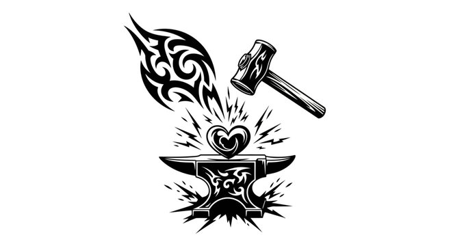 Heart logo vector forging on blacksmith anvil with hammer and sparks