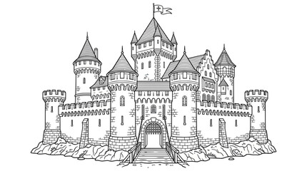 Fantasy Castle Drawing Black and White Outline Medieval Fortress Illustration © bibis