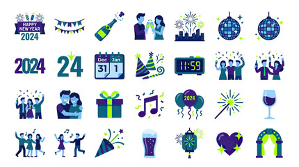 Fototapeta premium Happy New Year 2024 Celebration Icons Set - Party, Calendar, Fireworks, Disco Ball