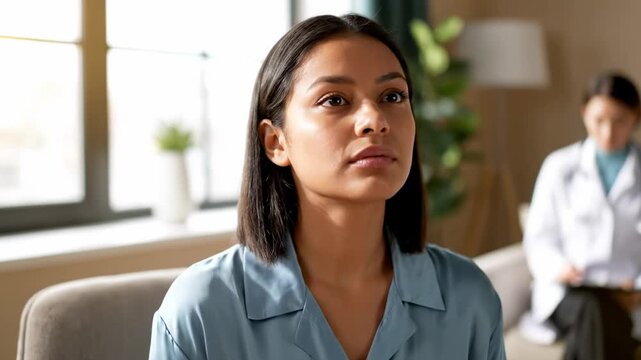 Woman sits calmly during therapy session in bright office. Therapist observes attentively from behind, encouraging emotional expression. Concept of mental health, counseling, wellness