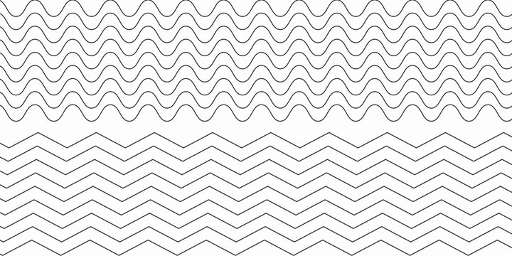 Wavy lines pattern vector element, wave ripple thin line strokes simple zigzag texture set, stream zig zag background backdrop image clip graphic illustration