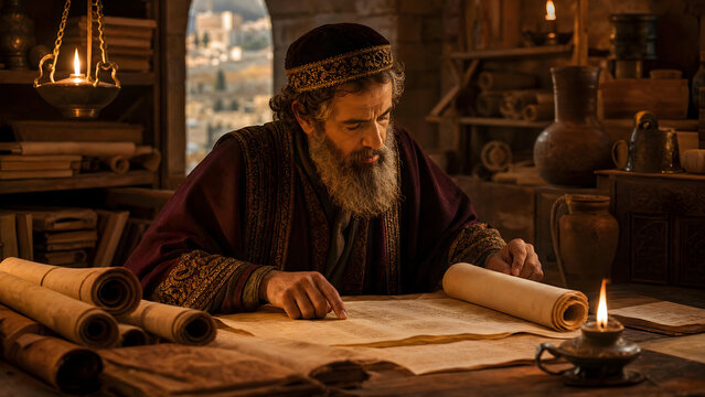 Ancient scholar in a dark red robe reading a historical scroll by candlelight in a rustic study