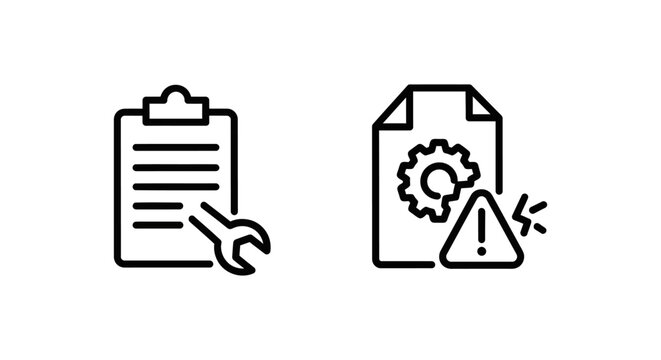 Diagnostic error log document and system fault report file icons with diagnostic document maintenance troubleshoot software technical triangle lightning interface business