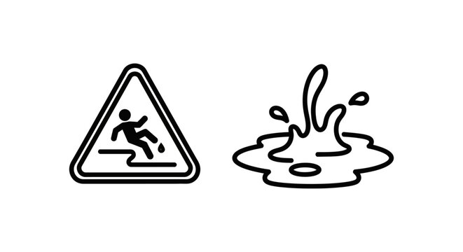 Slippery surface warning sign and liquid spill splash icons with slippery accident attention environment maintenance cleaning protection incident liquidly spillage pictogram
