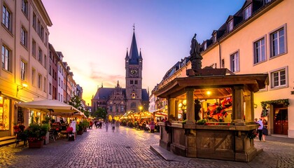 Obraz premium A serene European city street at dusk with a Christmas market stall