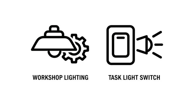 Workshop lighting and task light switch control icons with lighting workshop electrical industrial equipment illumination mechanical engineering electric maintenance installation