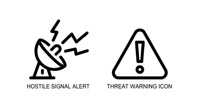Hostile signal alert and threat warning linear icon pair with security critical notification emergency protection monitoring detection communication technology information software