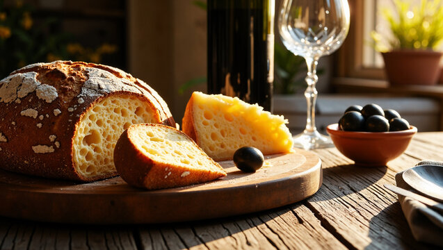 Traditional Italian Pane di Altamura sourdough bread with yellow durum wheat semolina crumb, served on a rustic wooden table with black olives, cheese, and red wine.