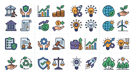 Minimalist Colorful Icons Set Featuring Financial Legal Innovation Global and Sustainability Concepts © Chef